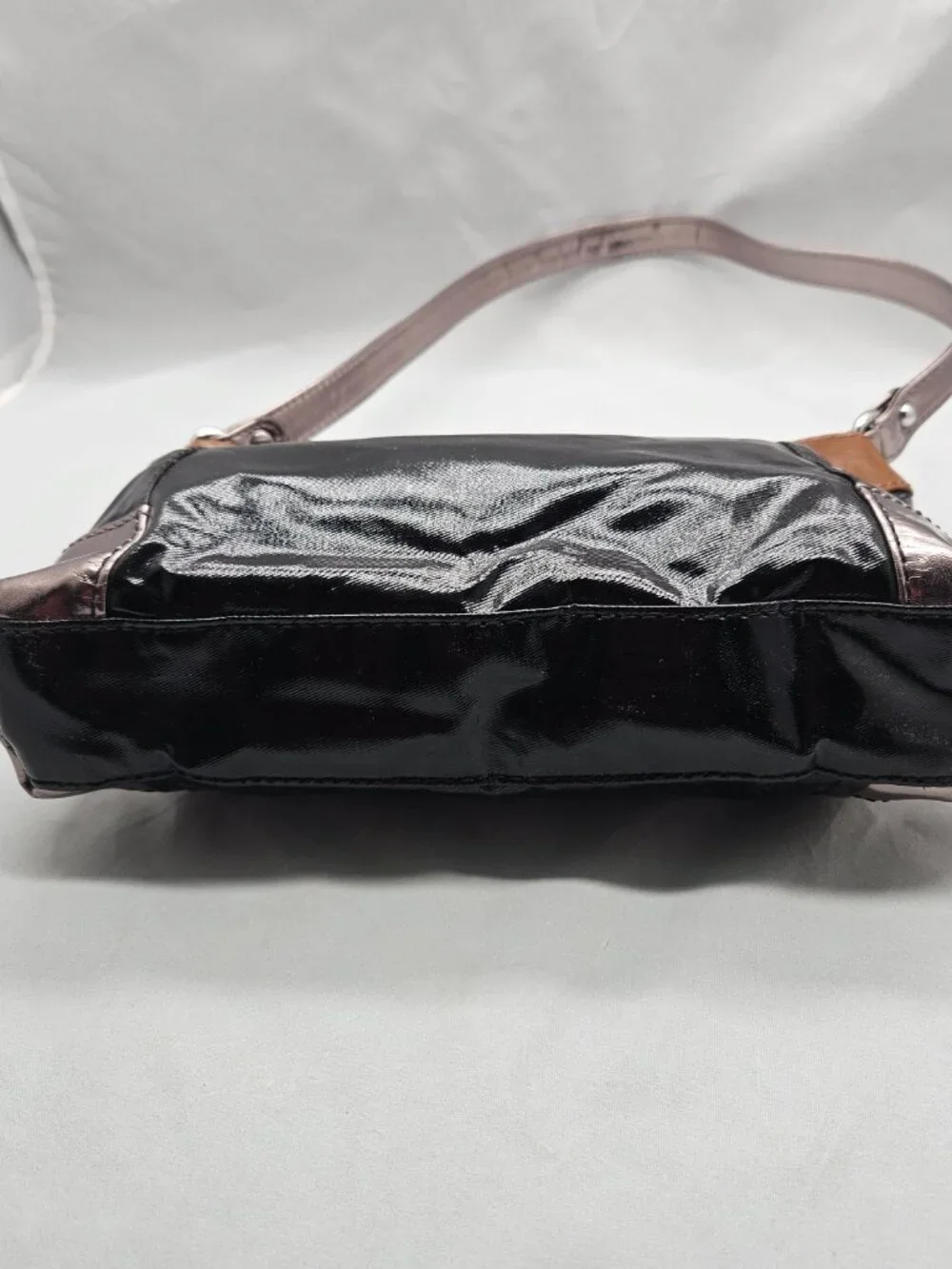 Kate Landry Vinyl Shoulder Bag Black Brown Small Hobo Purse Shiny Y2K 90s